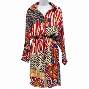 FARM Rio Multicolor Graphic Abstract Striped Shirt Tunic Dress belt NWT L